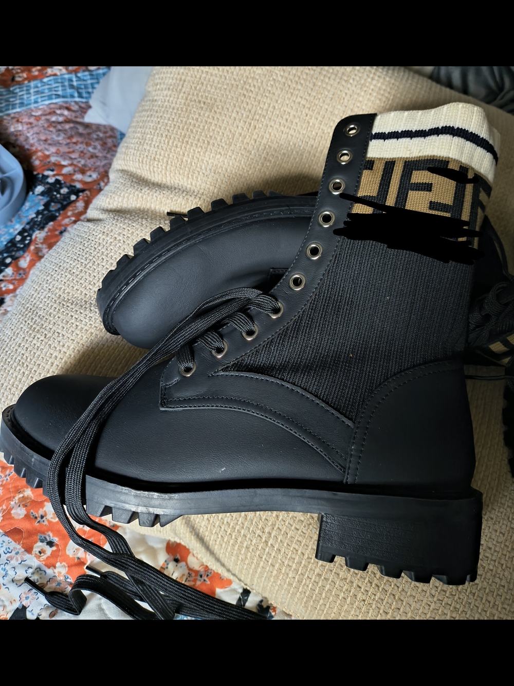 Black Lace-Up Women's Combat Leather Boots with Knit Ankle Cuff
